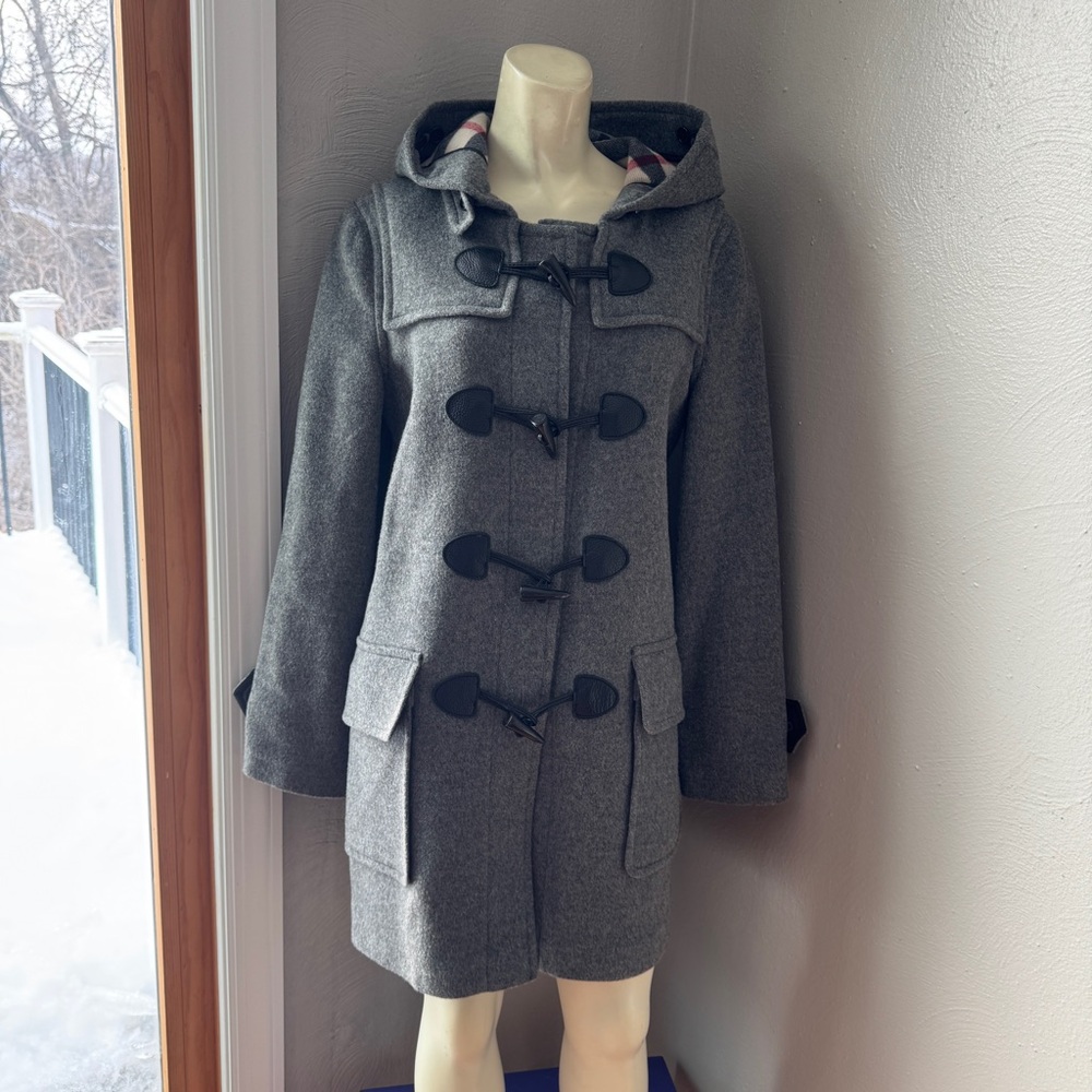 Burberry Brit grey wool duffle coat,check-lined hood, leather toggle closures